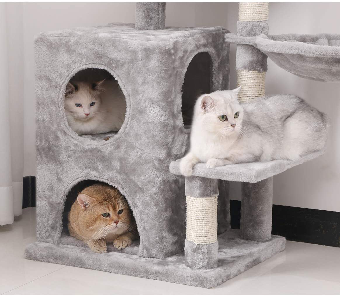 BEWISHOME Cat Tree Condo with Sisal Scratching Posts, Plush Perch, Dual Houses and Basket, Cat Tower Furniture Kitty Activity Center Kitten Play House MMJ06 Animals & Pet Supplies > Pet Supplies > Cat Supplies > Cat Furniture BEWISHOME   