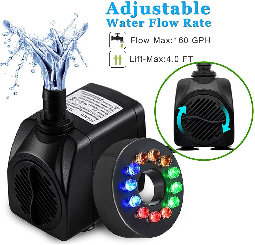 PULACO 10Watt 160 GPH Submersible Fountain Pump Wiht LED Light for Water Feature, Outdoor Pond, Aquarium Fish Tanks, Home Décor Fountain Animals & Pet Supplies > Pet Supplies > Fish Supplies > Aquarium & Pond Tubing PULACO   