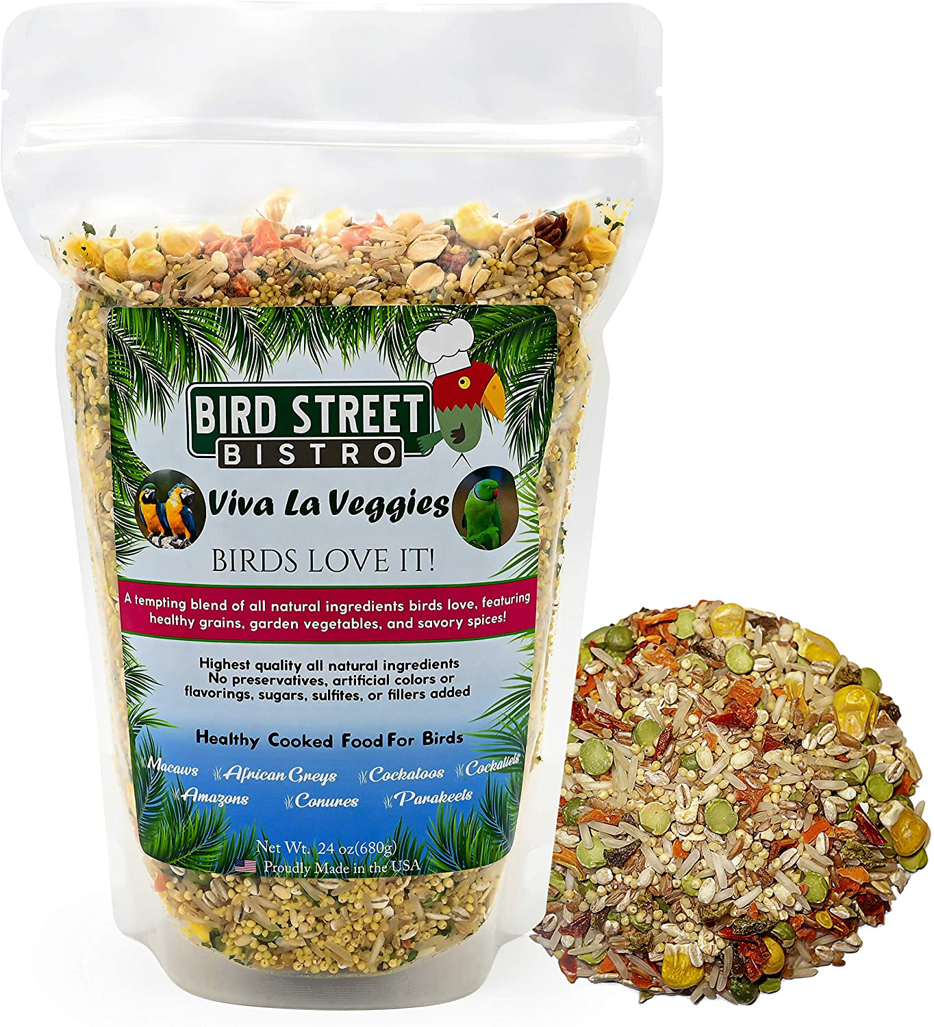 Bird Street Bistro Parrot Food Cooks in 3-15 Min| Natural & Organic Grains and Legumes, Healthy, Non-Gmo Fruits, Vegetables, Healthy Nuts, and Spices - No Fillers, Sugars, or Sulfites Animals & Pet Supplies > Pet Supplies > Bird Supplies > Bird Treats Bird Street Bistro Viva La Veggies 1.5 Pound (Pack of 1) 