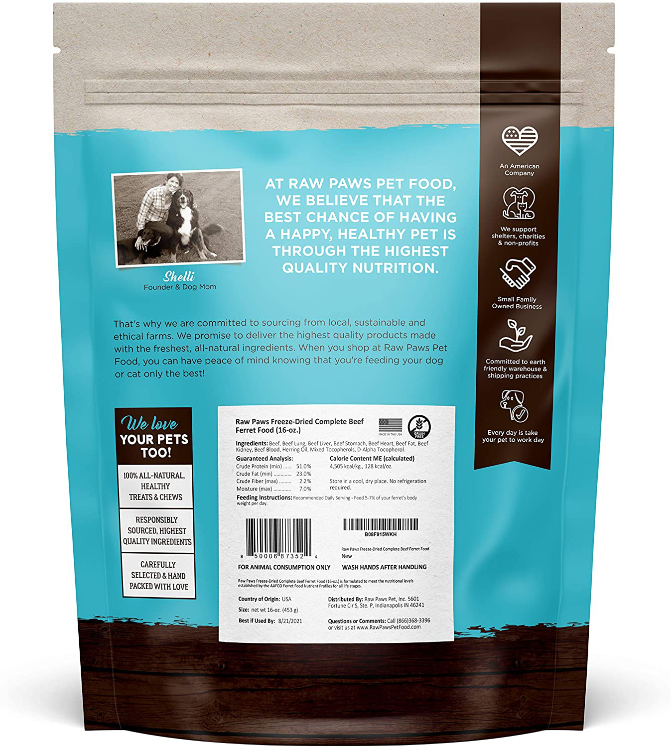 Raw Paws Freeze Dried Raw Ferret Food Beef 16 Oz Made in USA