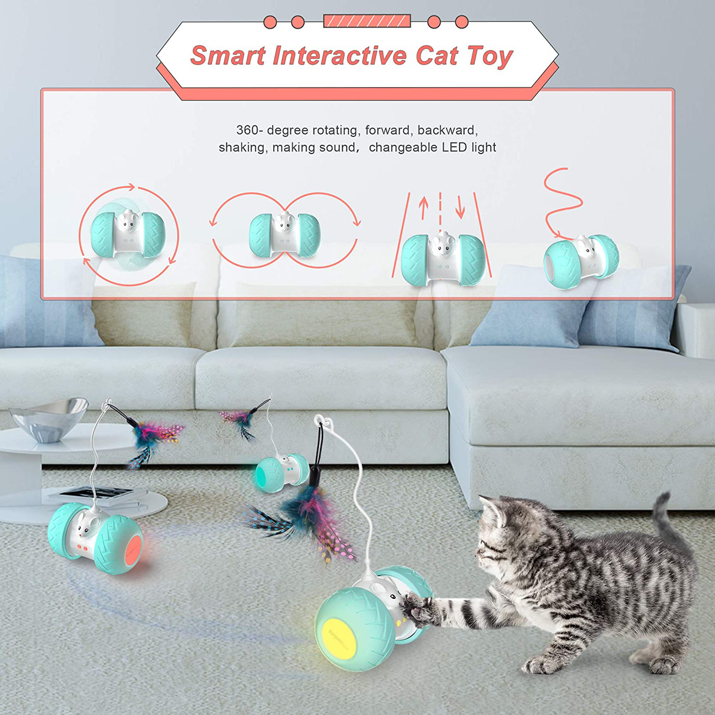 Burgeonnest Interactive Cat Toys for Indoor Cats, Automatic Kitten Toys Electronic with Mouse and 3 Feathers for Cats to Play Alone and Exercise 2 Speeds 3 Modes USB Charging Animals & Pet Supplies > Pet Supplies > Cat Supplies > Cat Toys BurgeonNest   