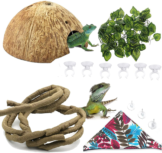 Lizard Bearded Dragon Hammock Set Tank Accessories, Coconut Shell Hut Hideout Cave Natural Seagrass Jungle Climber, Flexible Bend-A Branch Jungle Climbing Vines for Geckos and More Reptiles Perched Animals & Pet Supplies > Pet Supplies > Reptile & Amphibian Supplies > Reptile & Amphibian Habitat Accessories kathson   