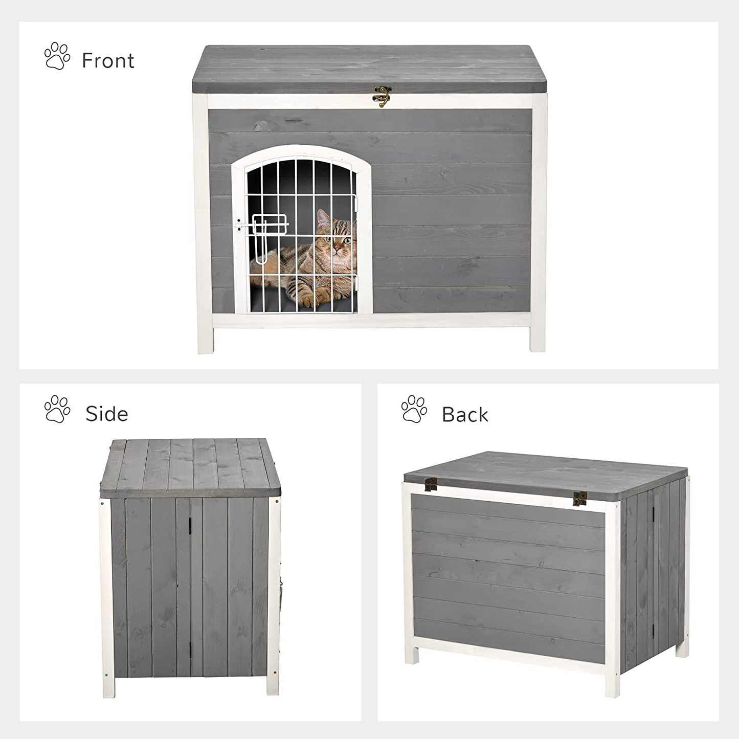 Pawhut Foldable Raised Wooden Dog House Indoor & Outdoor Dog Cage Kennel Cat House W/Lockable Door Openable Roof Removable Bottom for Small and Medium Pets Grey