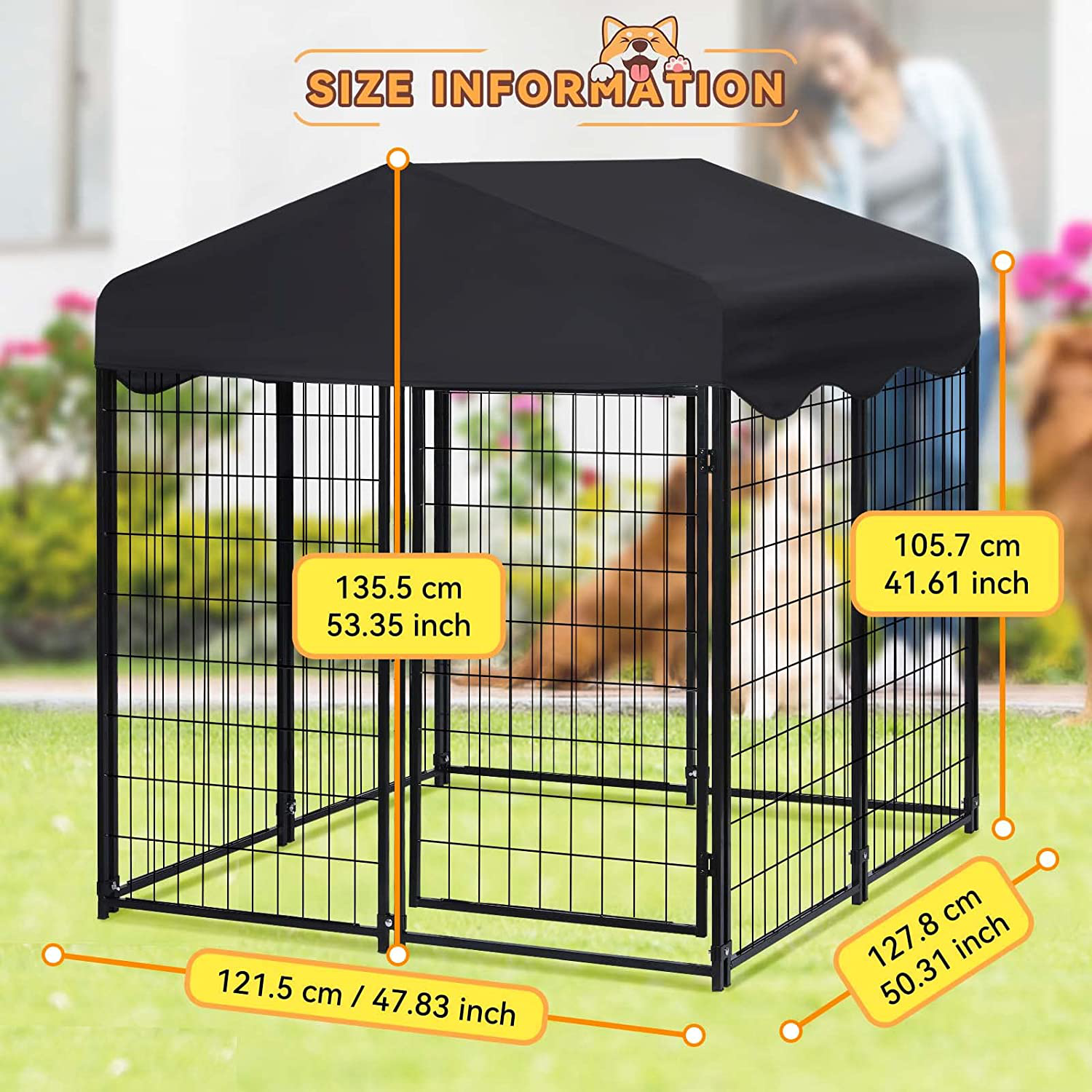 TOOCAPRO Large Dog Kennel 4Ft X 4.2Ft X 4.45Ft Dog Crate Cage Heavy Duty Metal Dog House Large Pet Playpen with Uv-Proof Waterproof Cover Roof & Invisible Lock for Large to Small Dog Outdoor/Indoor Use