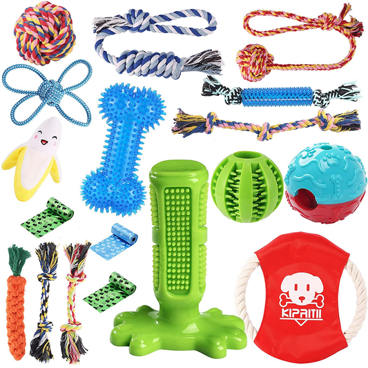 KIPRITII Dog Chew Toys for Puppy - 18 Pack Puppies Teething Chew Toys for Boredom, Pet Dog Chew Toys with Rope Toys, More Squeaky Toy for Puppy and Small Dogs Animals & Pet Supplies > Pet Supplies > Dog Supplies > Dog Toys KIPRITII Normal Color Puppy Toys  