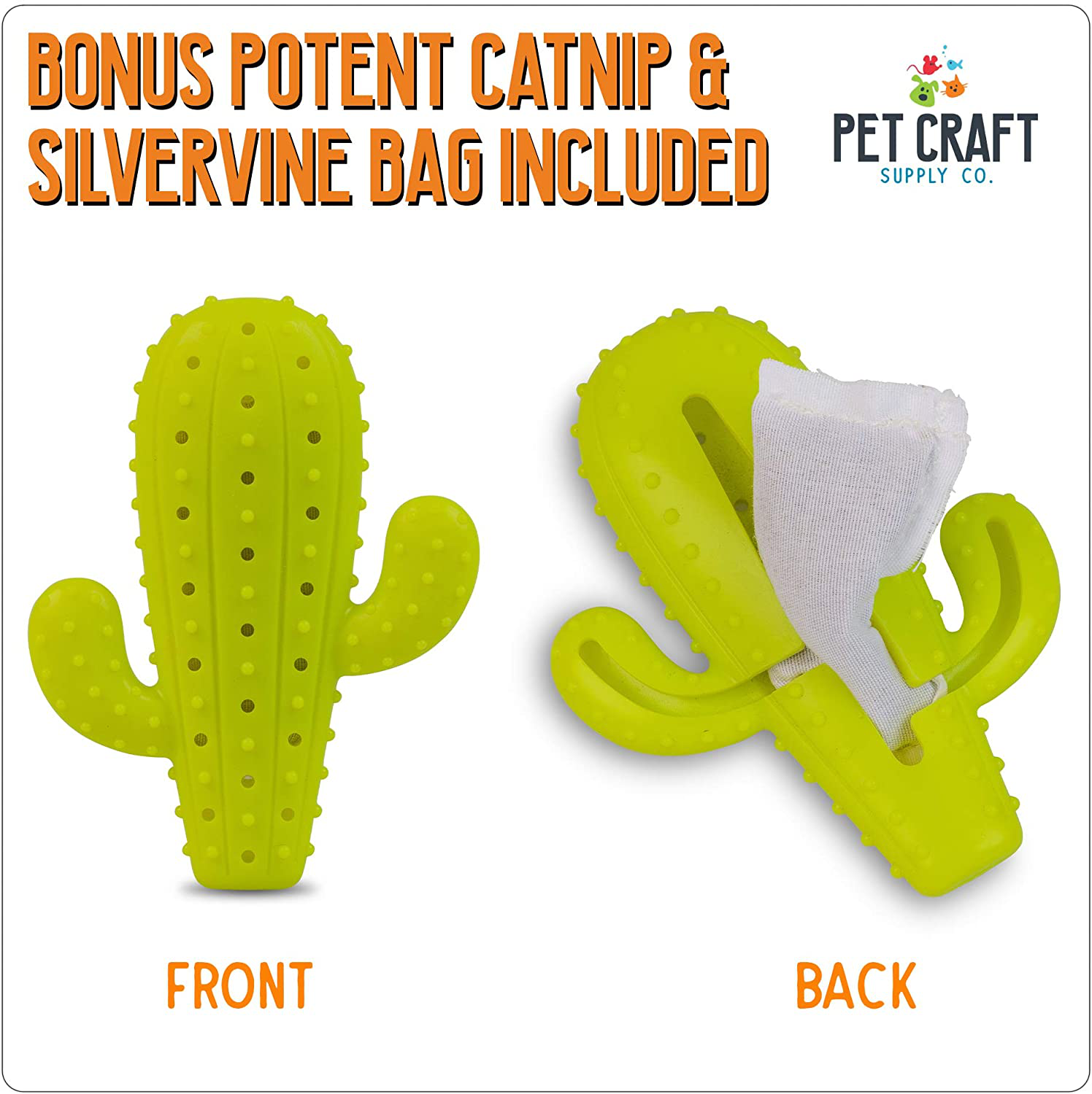 Pet Craft Supply Cactus Interactive Cat Toy Chew Toy Teeth Cleaning Bite Resistant 100% Natural Rubber with Bonus Catnip and Silvervine Bags for Kittens and Adult Cat