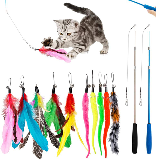 JIARON Cat Feather Toy, 2PCS Retractable Cat Wand Toys and 10PCS Replacement Teaser with Bell Refills, Interactive Catcher Teaser and Funny Exercise for Kitten or Cats. Animals & Pet Supplies > Pet Supplies > Dog Supplies > Dog Treadmills JIARON   