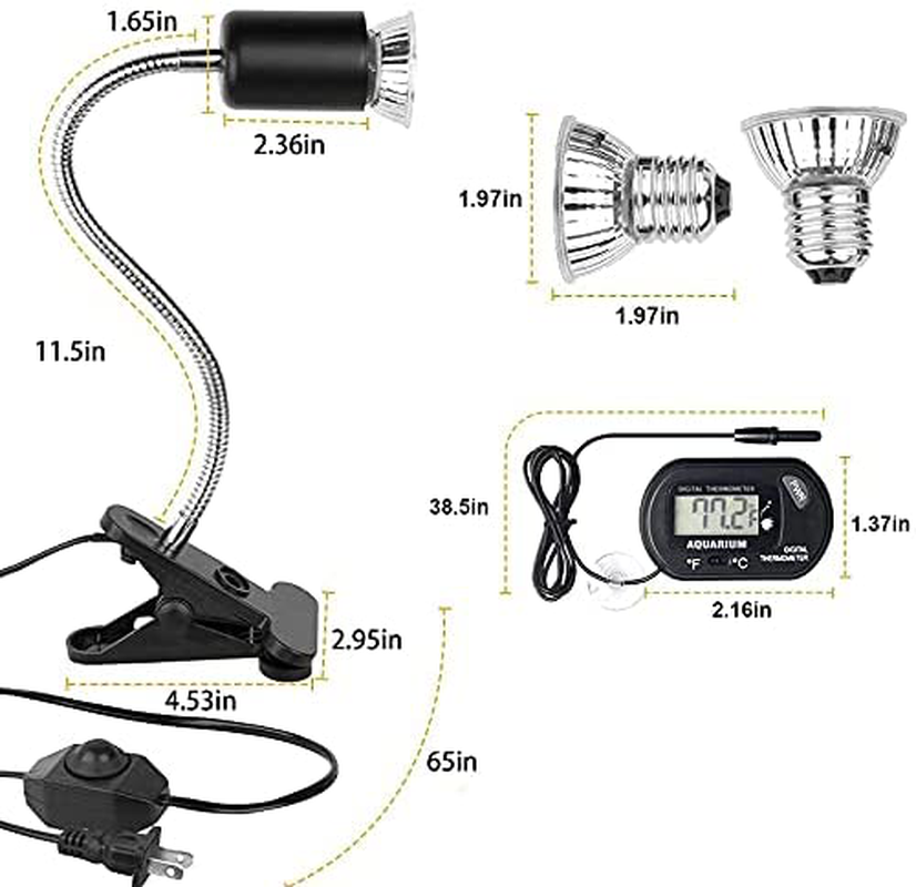 JOUEUYB Reptile Heat Lamp, Turtle Tank Adjustable Aquarium UVA UVB Light with 360°Rotatable Clip for Tortoise Lizard Snake Turtle Reptile Terrarium (Digital Thermometer and 2 Heat Lamp Bulbs Include) Animals & Pet Supplies > Pet Supplies > Reptile & Amphibian Supplies > Reptile & Amphibian Habitat Accessories JOUEUYB   