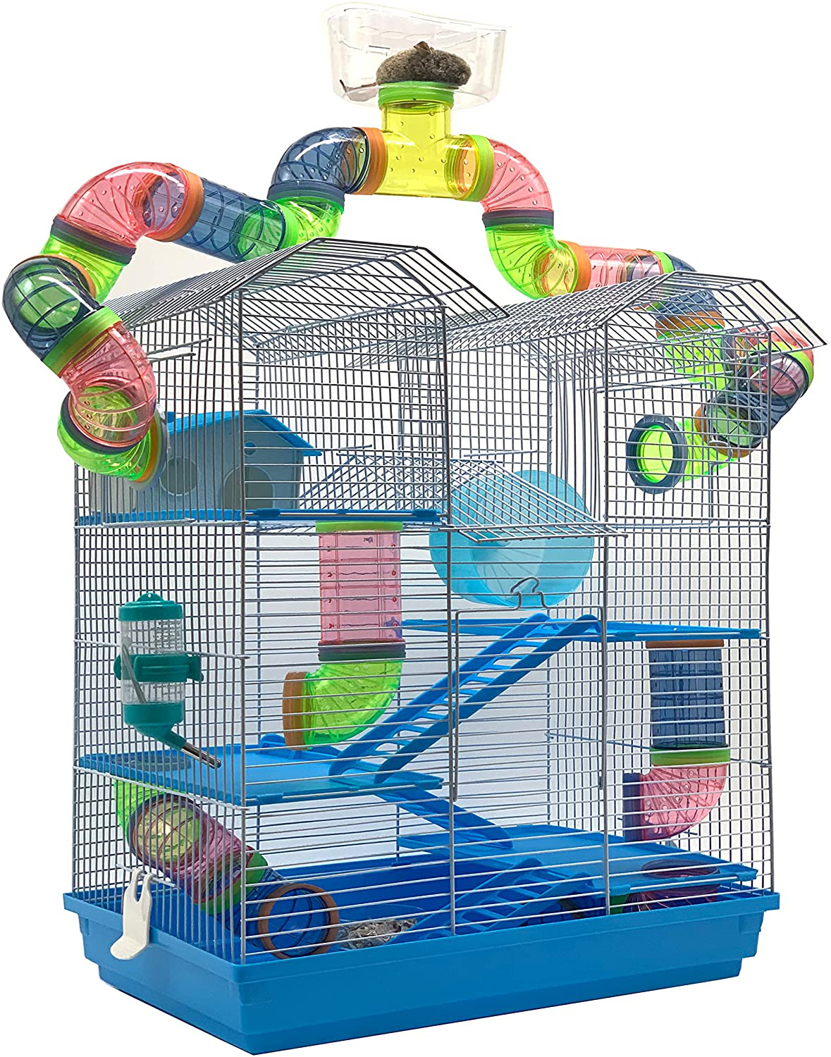 Large 5-Level Funland with Acrylic Clear Tunnels Tubes Base Top Play Zone for Habitat Hamster Rodent Gerbil Mouse Mice Small Animal Critter Cage Animals & Pet Supplies > Pet Supplies > Small Animal Supplies > Small Animal Habitats & Cages Mcage Blue 24"L x 14"W x 34"H 