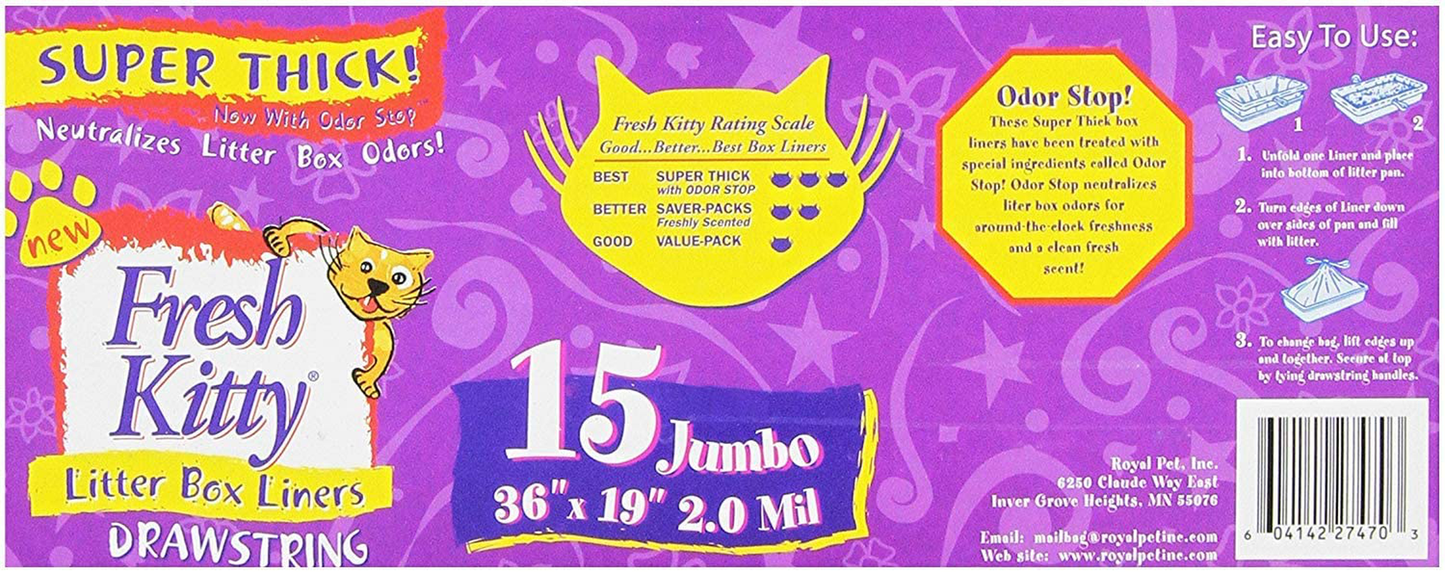 Fresh Kitty Super Thick, Durable, Easy Clean up Jumbo Drawstring Scented Litter Pan Box Liners, Bags for Pet Cats, 15 Ct (Тwо Расk) Animals & Pet Supplies > Pet Supplies > Cat Supplies > Cat Litter Box Liners Fresh Kitty   