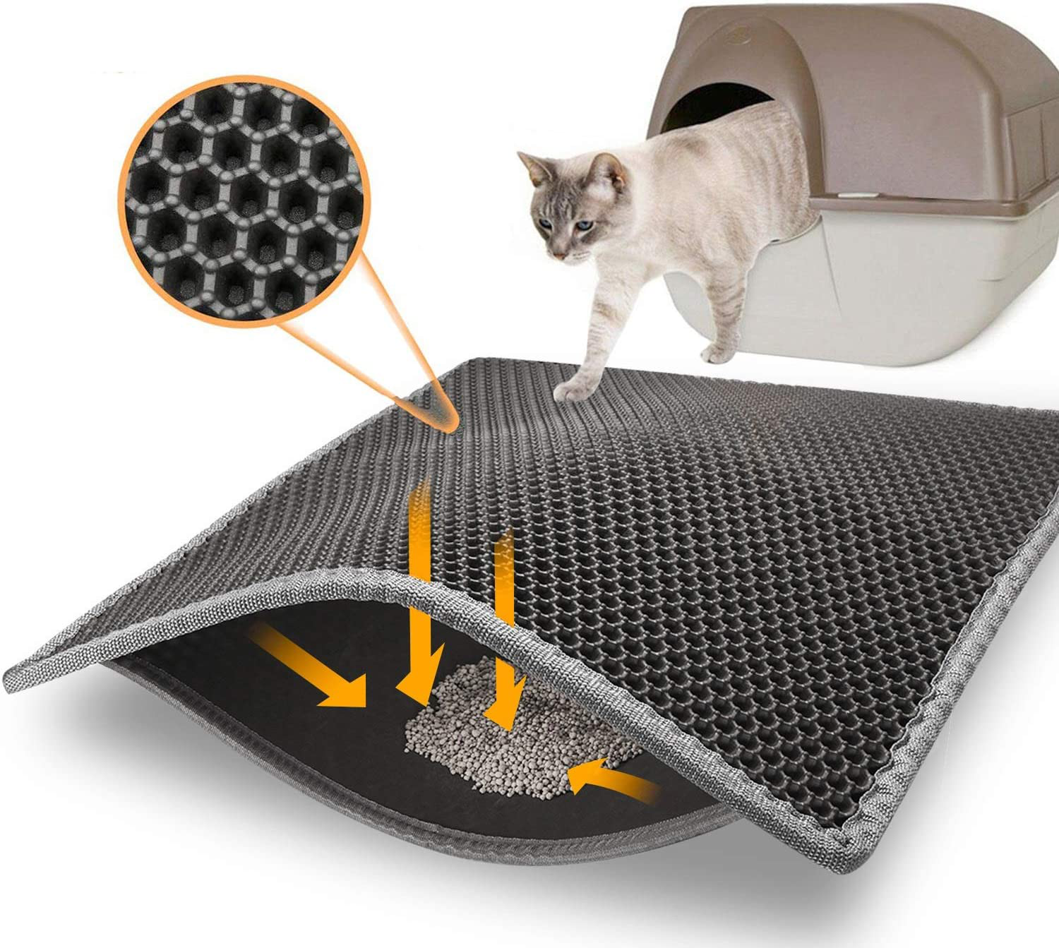 Topcovos Cat Litter Mat Litter Trapping Mat,24X18 Inch Small Double Layer Honeycomb Litter Box Mat,Eva Phthalate Free Kitty Litter Mat for Floor,Easy Clean Scatter Control Animals & Pet Supplies > Pet Supplies > Cat Supplies > Cat Litter Box Mats Topcovos Grey  