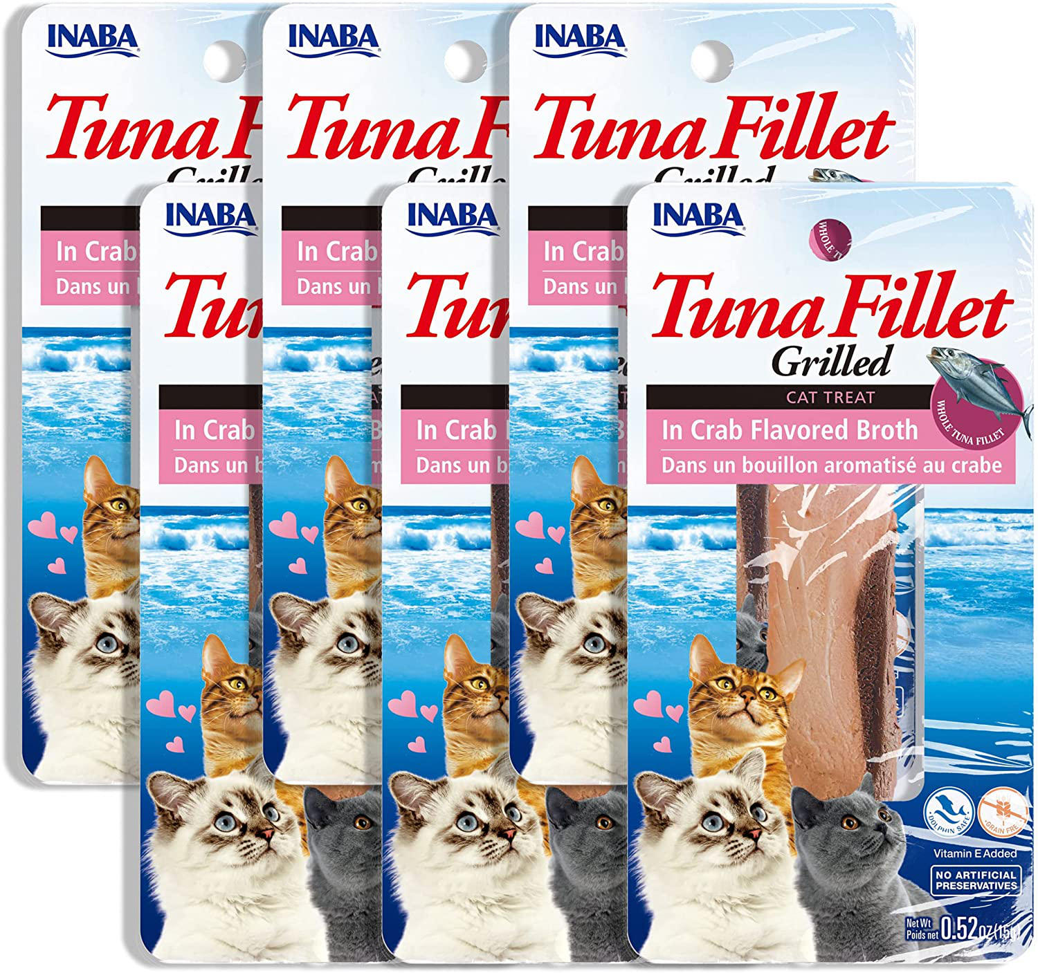 INABA Natural, Premium Hand-Cut Grilled Tuna Fillet Cat Treats/Topper/Complement with Vitamin E and Green Tea Extract, 0.52 Ounces Each, Pack of 6, Crab Broth Animals & Pet Supplies > Pet Supplies > Cat Supplies > Cat Treats INABA   