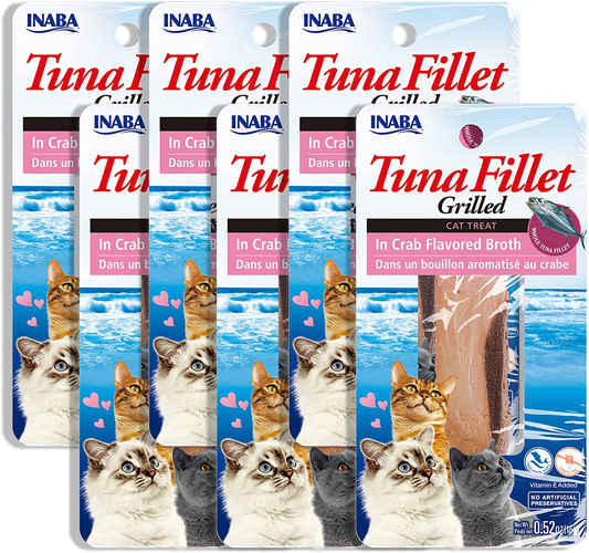 INABA Natural, Premium Hand-Cut Grilled Tuna Fillet Cat Treats/Topper/Complement with Vitamin E and Green Tea Extract, 0.52 Ounces Each, Pack of 6, Crab Broth