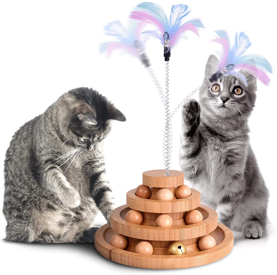 Interactive Cat Toys Ball Track Top Feather Wand with Bells for Kitten to Senior Cat Fun - Indoor Self Play Anxiety Relief Exercise - 6 Kicker Balls, 1 Bell Bead, 3 Teaser Spring Replacement Animals & Pet Supplies > Pet Supplies > Cat Supplies > Cat Toys WOWKIT 3 Track-layer  