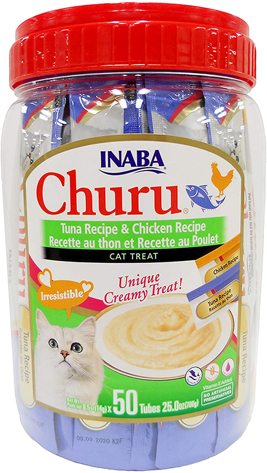 INABA Churu Cat Treats, Grain-Free, Lickable, Squeezable Creamy Purée Cat Treat/Topper with Vitamin E and Green Tea Extract, 0.5 Ounces Each Tube, 50 Tubes, Tuna & Chicken Variety