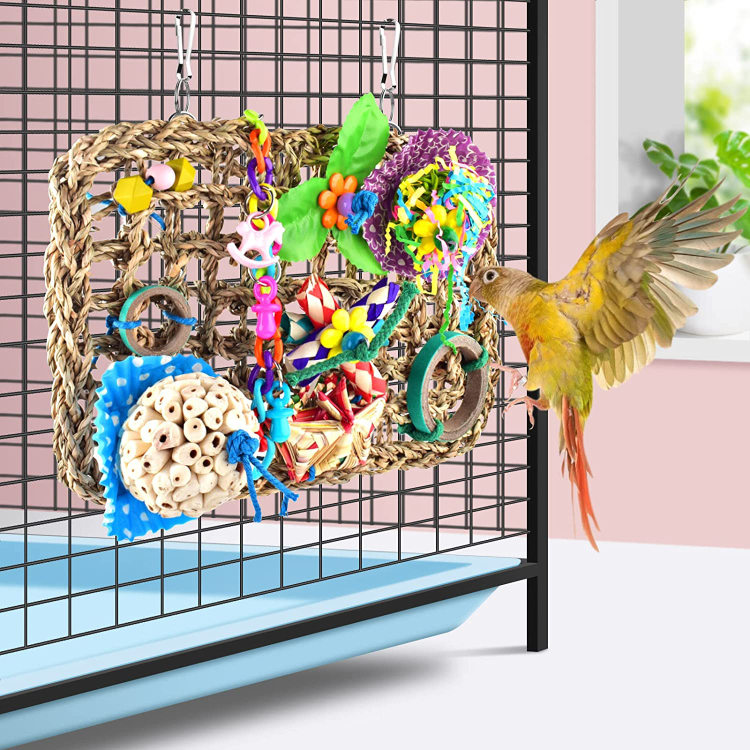 KATUMO Bird Toys, Bird Foraging Wall Toy Edible Seagrass Woven Climbing Hammock Mat with Natural Sola Cake Ball Colorful Chew Toys for Parakeet, Budgerigar, Conure, Cockatiel, Lovebird, Parrots Animals & Pet Supplies > Pet Supplies > Bird Supplies > Bird Toys KATUMO   