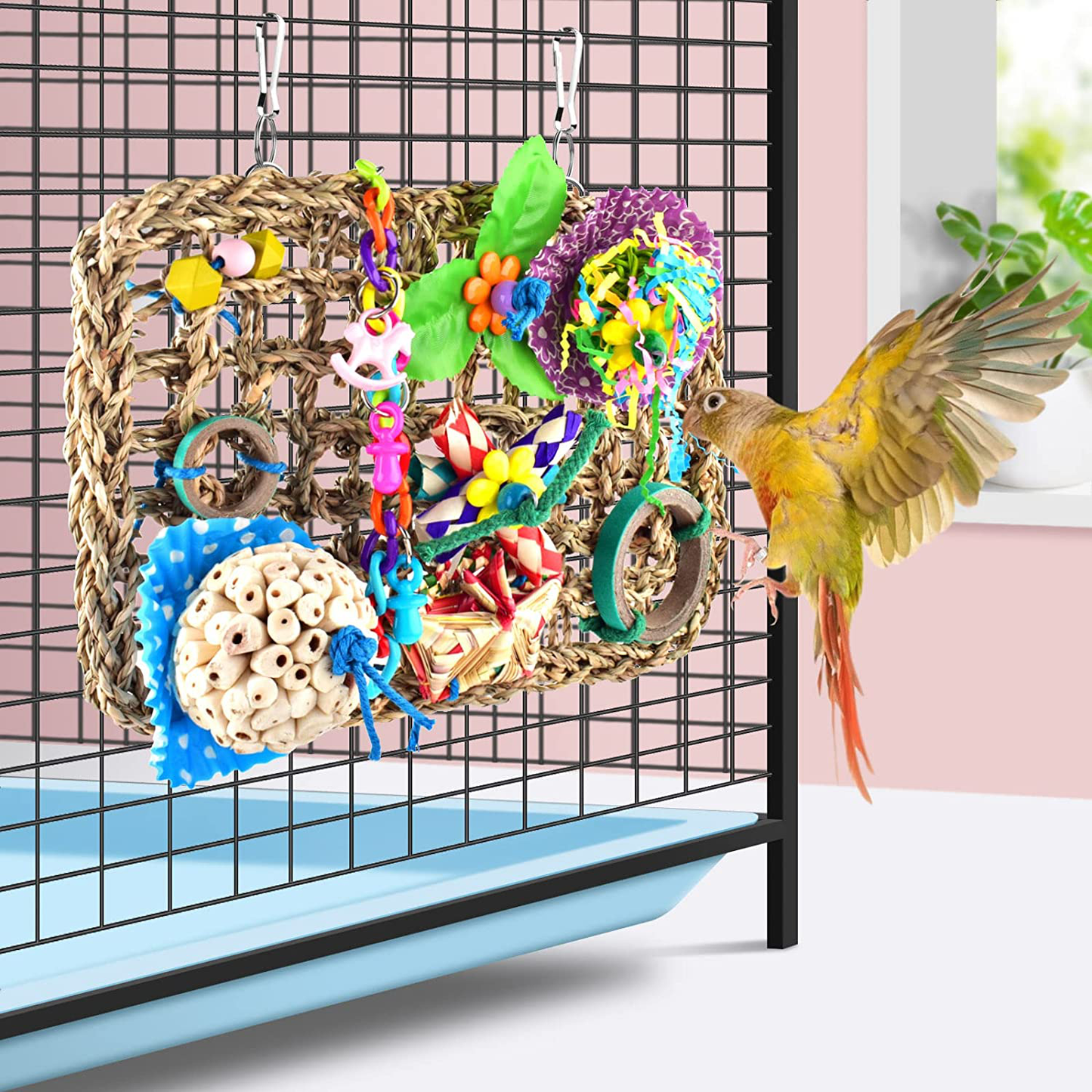 KATUMO Bird Toys, Bird Foraging Wall Toy Edible Seagrass Woven Climbing Hammock Mat with Natural Sola Cake Ball Colorful Chew Toys for Parakeet, Budgerigar, Conure, Cockatiel, Lovebird, Parrots