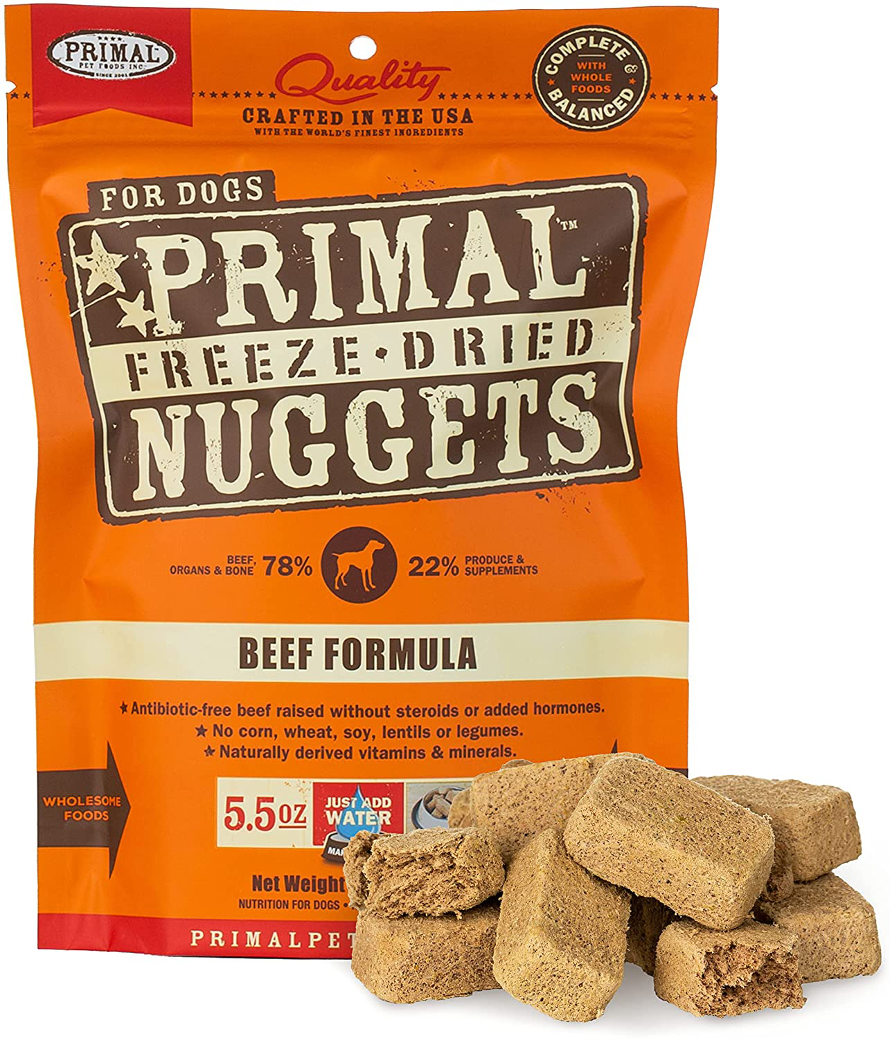 Primal Freeze Dried Dog Food Nuggets, Beef Formula (5.5 & 14 Oz) - Made in USA, Complete Diet Meal or Topper/Mixer Animals & Pet Supplies > Pet Supplies > Small Animal Supplies > Small Animal Treats PRIMAL PET FOODS INC. SINCE 2001 Beef Formula 5.5 Ounce (Pack of 1) 