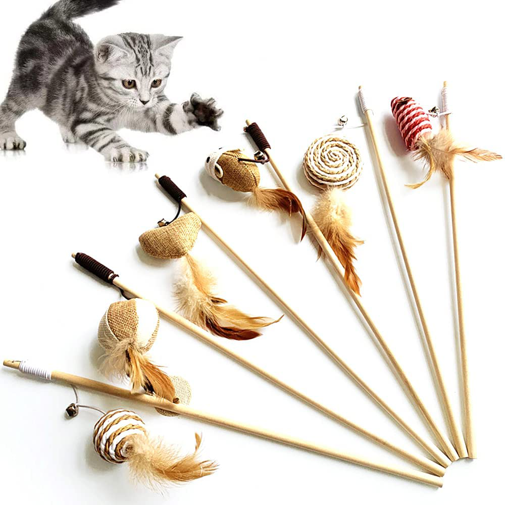 Artshu 6Pcs/Lot 40Cm Pet Cat Teaser Toys Feather Linen Wand Cat Catcher Teaser Stick Cat Interactive Toys Wood Rod Mouse Toy with Mini Bell Animals & Pet Supplies > Pet Supplies > Cat Supplies > Cat Toys Artshu   