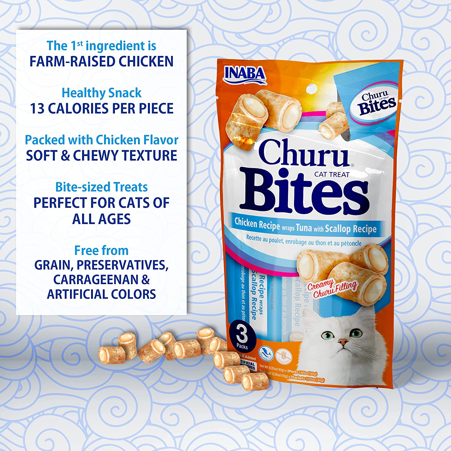 INABA Churu Bites for Cats, Grain-Free, Soft/Chewy Baked Chicken Wrapped Churu Filled Cat Treats with Vitamin E, 0.35 Ounces Each Tube| 24 Tubes Total (3 per Pack) Animals & Pet Supplies > Pet Supplies > Cat Supplies > Cat Treats INABA   