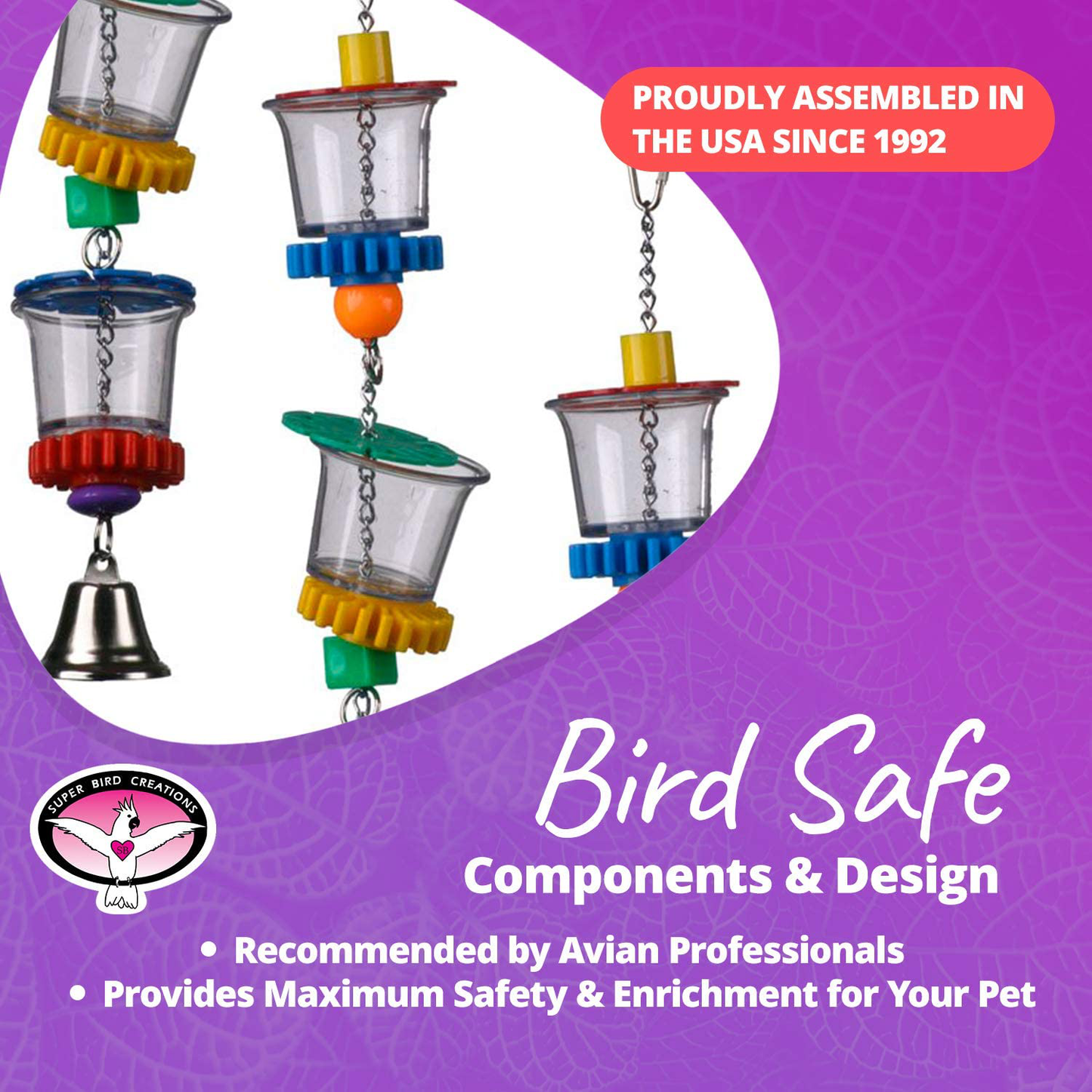 Super Bird Creations SB632 Foraging Bottom’S up Bird Toy with Clear Acrylic Cups & Ringing Bell, Medium to Large Size, 18” X 2.5”