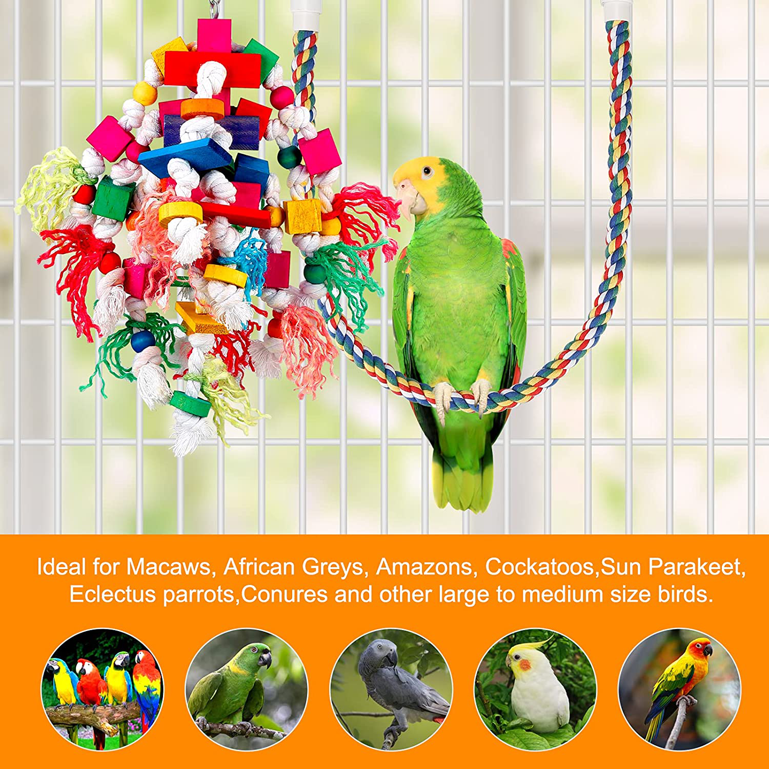 Parrot Toys for Large Birds Rope Perches for Parrots Bird Toys Bird Cage Accerises Tearing Chewing Toys for Cockatoos,Macaw,African Grey,Conure,Amazon Parrots and Other Medium to Large Birds Wooden Animals & Pet Supplies > Pet Supplies > Bird Supplies > Bird Toys BBjinronjy   