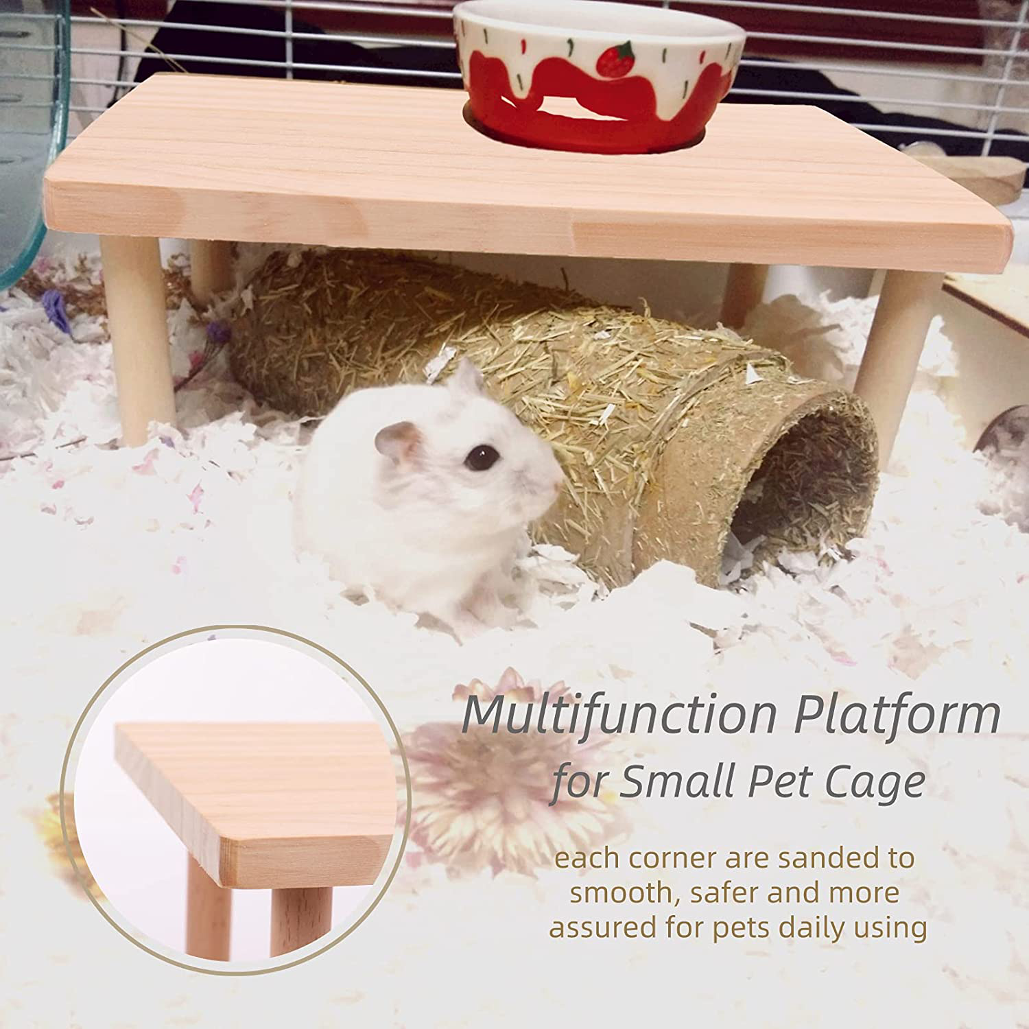 Hamster Play Wooden Platform, Natural Wood Desk for Small Animal Cage, Pet Bowl Drinking Bottle Stand Animals & Pet Supplies > Pet Supplies > Small Animal Supplies > Small Animal Habitat Accessories Dasior   