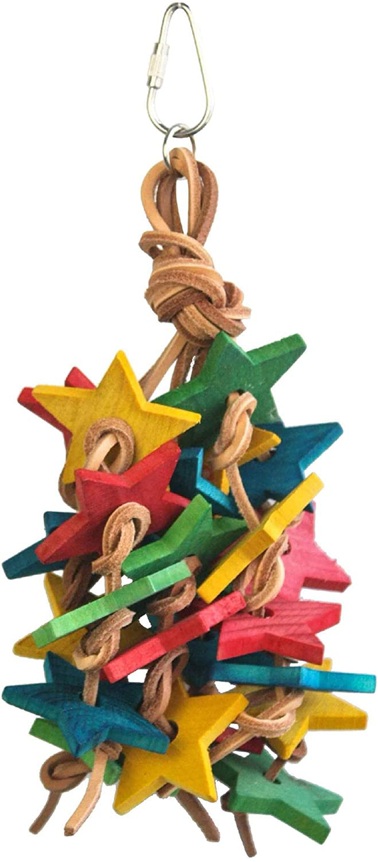 Birds LOVE Wood Stars and Leather Toy for Bird Cage Stand or Playgym, Medium Parrots Conures Quakers Caiques Mini Cockatoos African Grey Animals & Pet Supplies > Pet Supplies > Bird Supplies > Bird Toys Birds LOVE   