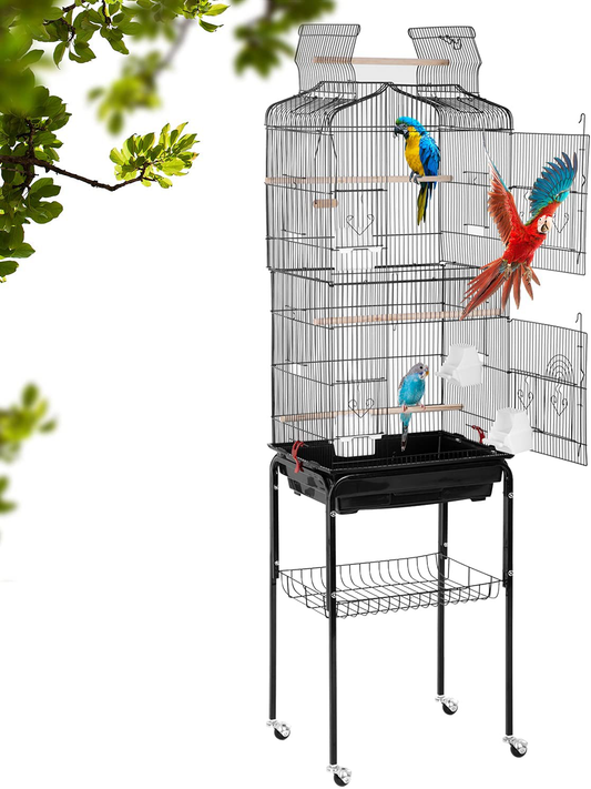 Bestpet Bird Cage Parakeet Cage 64 Inch Open Top Standing Parrot Cage Accessories with Rolling Stand for Medium Small Cockatiel Canary Parakeet Conure Finches Budgie Lovebirds Pet Storage Shelf Animals & Pet Supplies > Pet Supplies > Bird Supplies > Bird Cage Accessories BestPet Black  