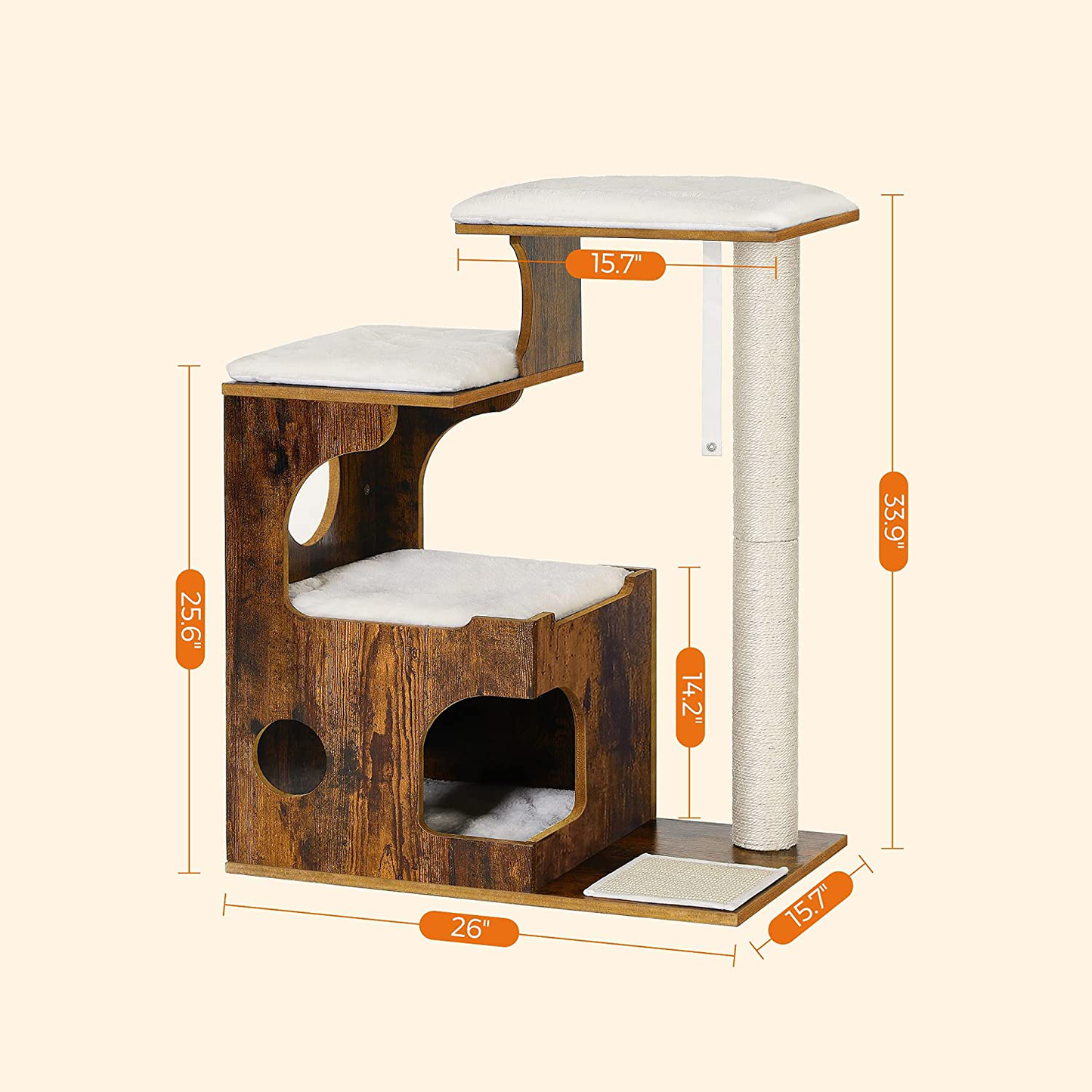 FEANDREA 33.9-Inch Cat Tower, Medium Cat Tree with 3 Beds and Cave, Cat Condo Made of MDF with Wood Veneer, Sisal Post and Washable Faux Fur, Vintage, Rustic Brown and White UPCT70HW Animals & Pet Supplies > Pet Supplies > Cat Supplies > Cat Furniture FEANDREA   