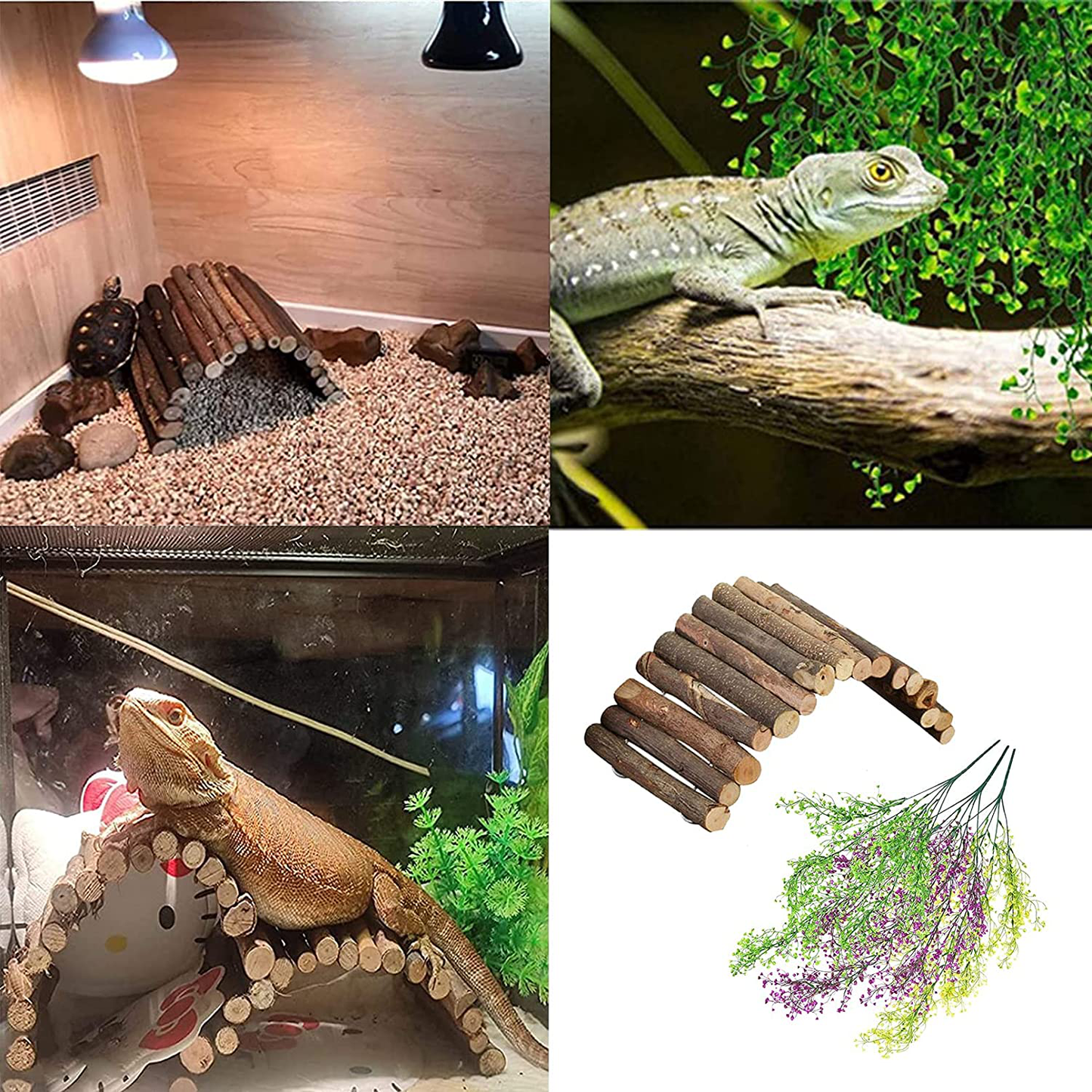 PINVNBY Reptile Soft Bendable Wooden Ladder Bridge Hideout Bearded Dragon Artificial Plastic Vines Plant with Suction Cup Cave Reptile Habitat Accessory for Lizard Bearded Dragon Gecko Chameleon Snake