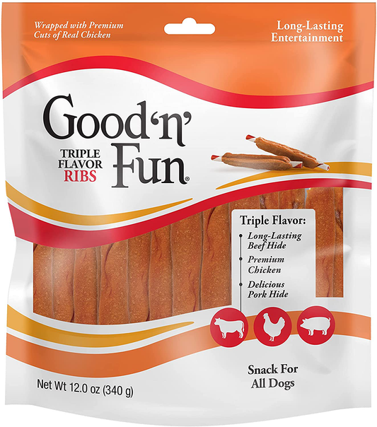 Good ’N’ Fun Triple Flavor Ribs, Rawhide Snack for All Dogs