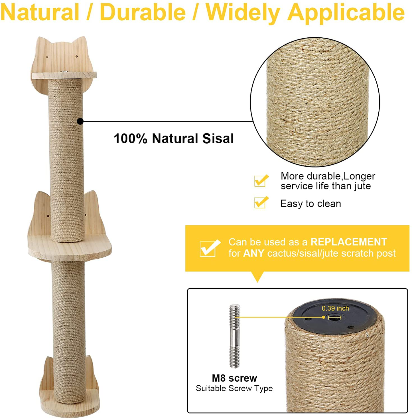 Wall Mounted Cat Scratching Post - Sisal Cat Scratcher Solid Wood Cat Wall Shelves Steps Cat Furniture for Indoor Large Cats Kittens, 38 Inch Tall Cat Ladder Post Tree in Mutil- Assembly Ways Animals & Pet Supplies > Pet Supplies > Cat Supplies > Cat Furniture ALE POMOS   