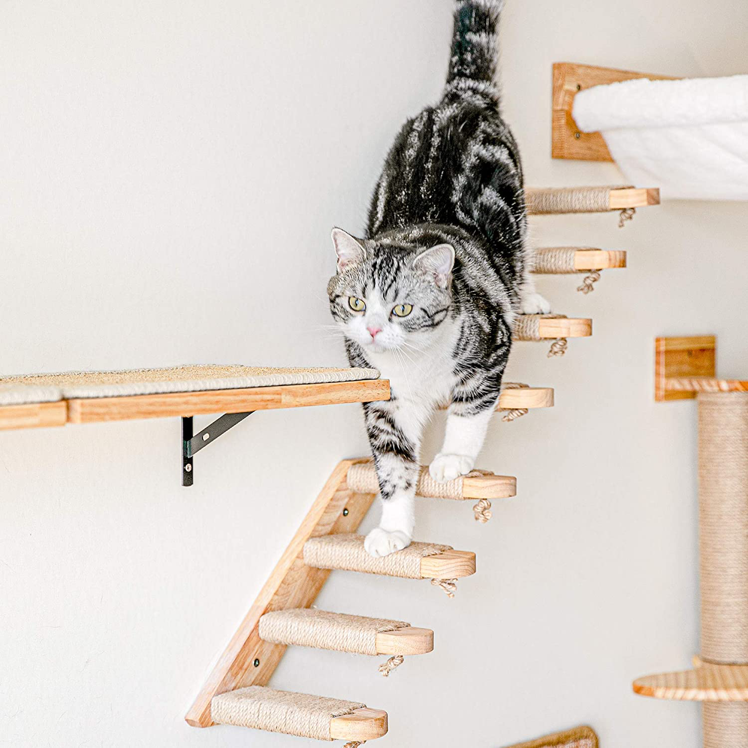 FUKUMARU Cat Climbing Shelf Wall Mounted, Four Step Cat Stairway with Jute Scratching for Cats Perch Platform Supplies