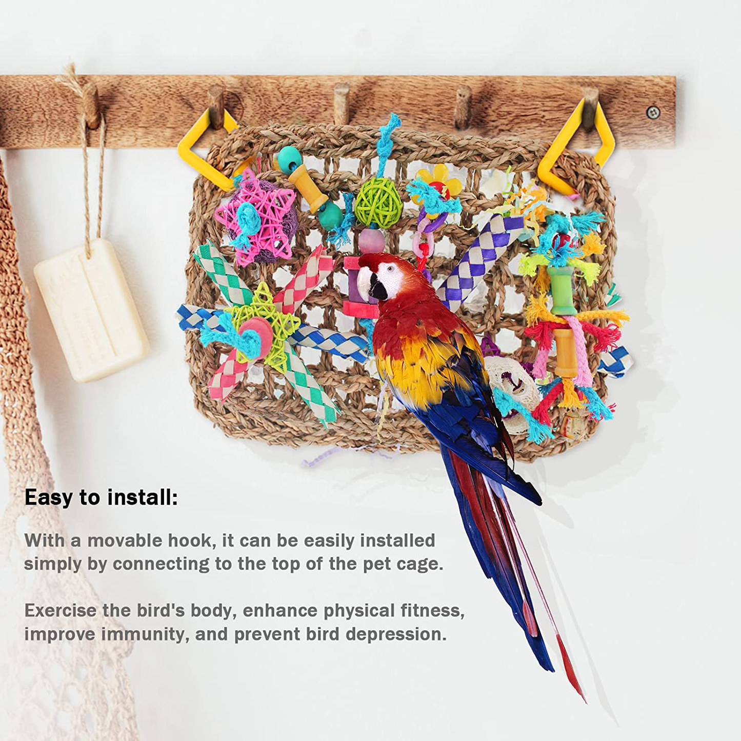 MHHOL Bird Parakeet Toys, Bird Foraging Wall Toy, Bird Perches Swing, Edible Seagrass Woven Climbing Hammock Mat with Chewing Toys, Bird Shredder Toys, for Parrots, Conures, Cockatiels, Budgies Animals & Pet Supplies > Pet Supplies > Bird Supplies > Bird Ladders & Perches MHHOL   