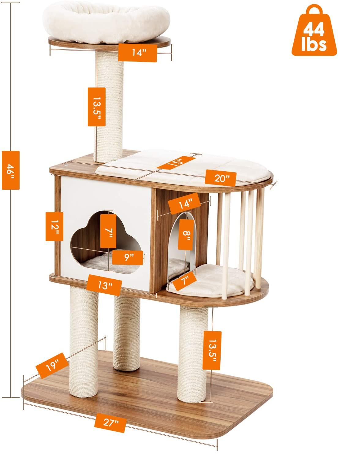 Tangkula Modern Wood Cat Tree, 46 Inches Cat Tower with Platform, Cat Activity Center with Scratching Posts and Washable Cushions, Wooden Cat Condo Furniture for Kittens and Cats Animals & Pet Supplies > Pet Supplies > Cat Supplies > Cat Furniture Tangkula   