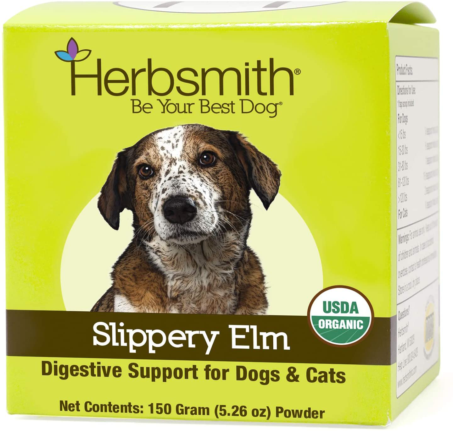 Herbsmith Organic Slippery Elm - Digestive Aid for Dogs and Cats - Constipation Relief for Dogs and Cats - Megaesophagus Dog Aid Animals & Pet Supplies > Pet Supplies > Small Animal Supplies > Small Animal Treats Herbsmith 150g Powder  