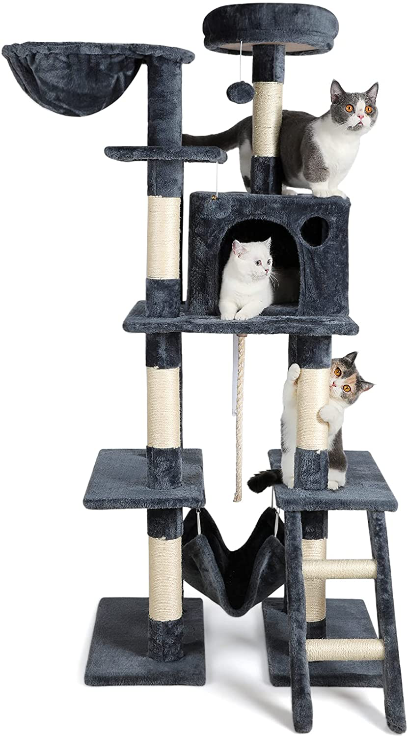 Dooradar Cat Tree, 61” Cat Tower for Indoor Cats, Multi-Level Tall Cat Condo Furniture, Kitten Kitty Activity Center Cat Stand Climb House with Scratching Posts, Ladder, Toys& Perch for Play Rest Animals & Pet Supplies > Pet Supplies > Cat Supplies > Cat Furniture Dooradar Dark Gray  