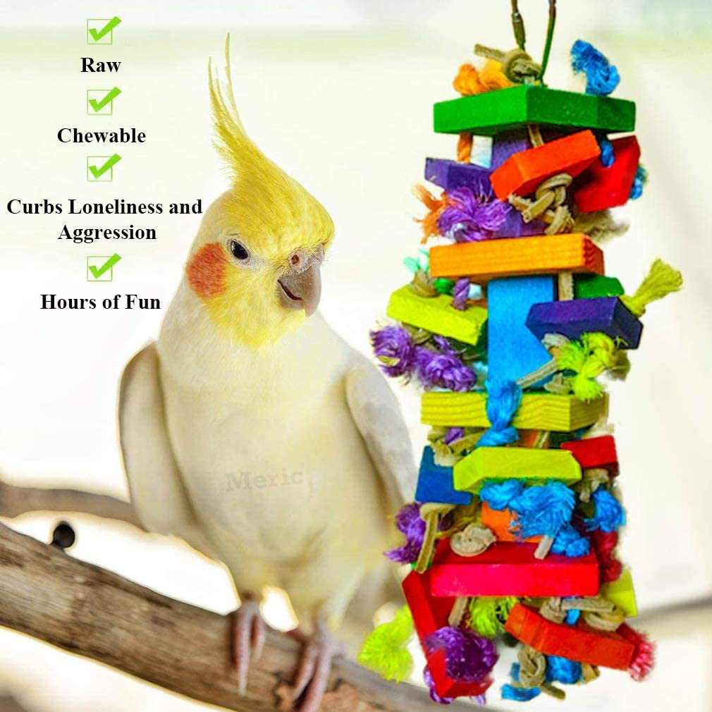 Meric Block Toy for House Birds, 12-Inches Tall 4-Inches Wide, Nibbling Keeps Beaks Trimmed, Preening Keeps Feathers Groomed, Edible, Food-Grade Multicolored Wooden Blocks, 1-Pc