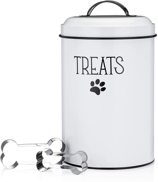 JRW DESIGN White Dog and Cat Treat Container plus 2 Bone-Shaped Cookie Cutters - Farmhouse Dog Treat Holder Jar - Durable Dog Biscuit Tin Canister, Great Gift for Pet Owners - Stylish Dog Treat Jar Animals & Pet Supplies > Pet Supplies > Bird Supplies > Bird Treats JRW Design   