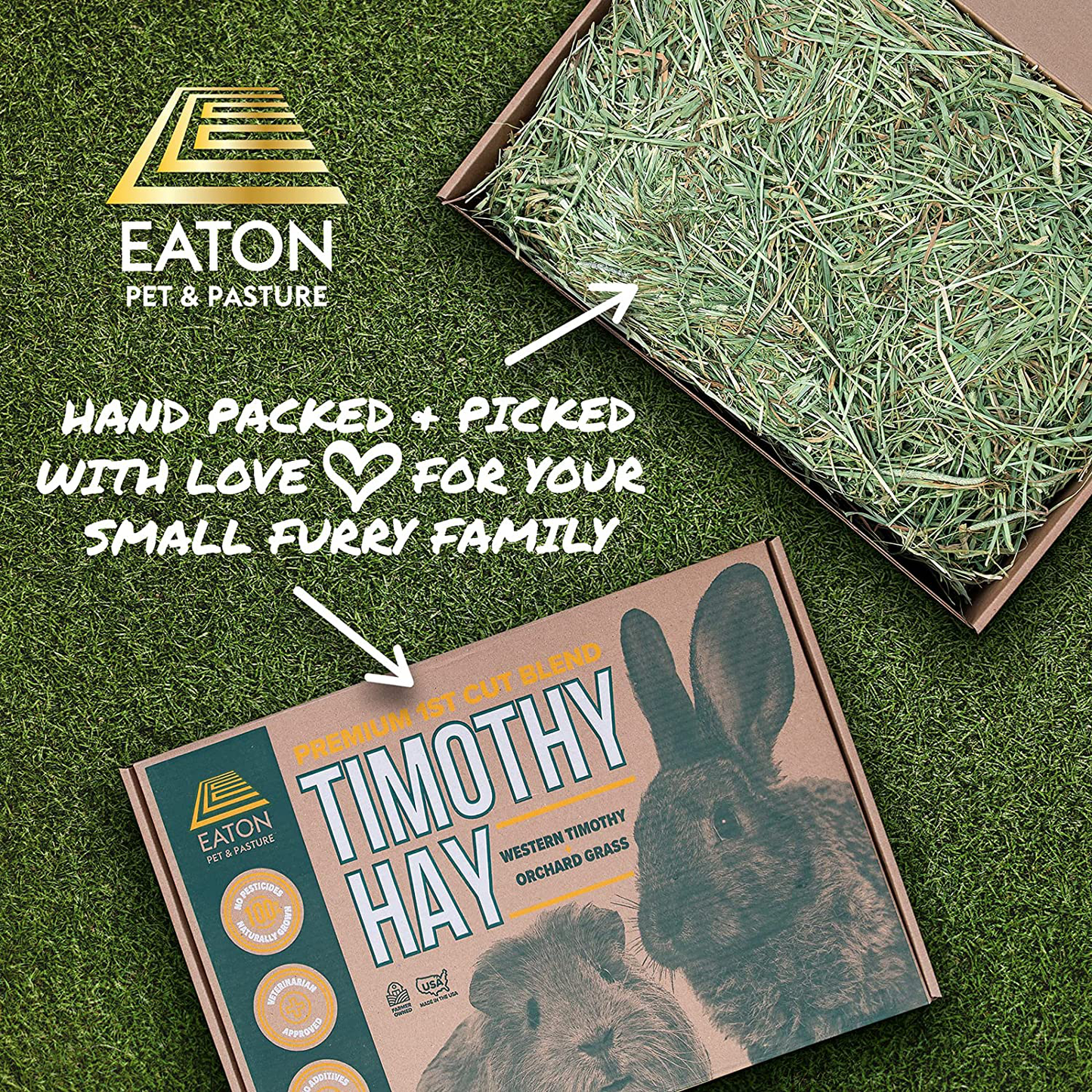 Eaton Pet and Pasture Naturally Grown, Premium, First Cut Blend, Western Timothy Hay Orchard Blend, Small Animal Food, Sustainable, Eco-Friendly, Farmer-Owned, 6Lb-Box. Animals & Pet Supplies > Pet Supplies > Small Animal Supplies > Small Animal Food Eaton Hemp   