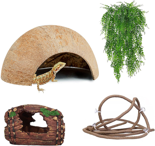 HERCOCCI Leopard Gecko Tank Accessories, Coconut Shell Hideout Cave Reptile Climbing Vine Habitat Decor with Hanging Reptile Plants for Chameleon Lizard Snake Hermit Crab Animals & Pet Supplies > Pet Supplies > Small Animal Supplies > Small Animal Habitat Accessories HERCOCCI   