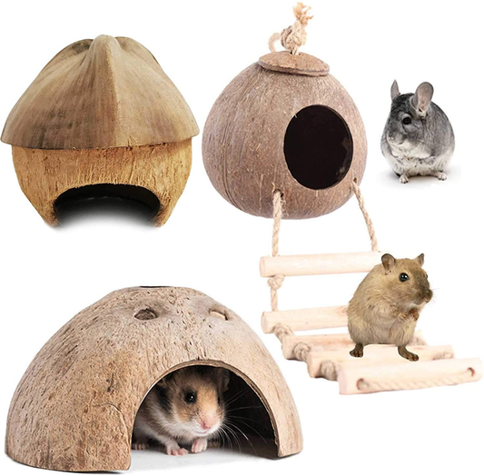 PINVNBY Natural Coconut Hut Hamster Hiding House Pet Cave Small Animal Cage Habitat Decor Hanging Guinea Pig Toys with Ladder for Gerbils Mice Rats Playing Breeding 3PCS Animals & Pet Supplies > Pet Supplies > Small Animal Supplies > Small Animal Habitats & Cages PINVNBY   