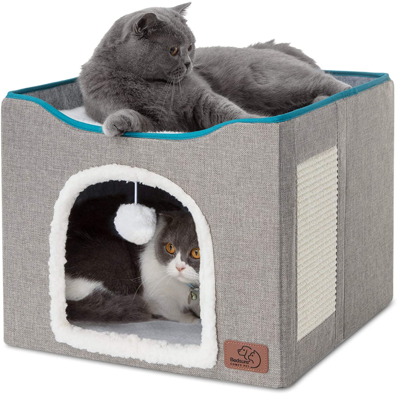 Bedsure Cat Beds for Indoor Cats - Large Cat Cave for Pet Cat House with Fluffy Ball Hanging and Scratch Pad, Foldable Cat Hidewawy,16.5X16.5X14 Inches Animals & Pet Supplies > Pet Supplies > Cat Supplies > Cat Furniture Bedsure Grey  