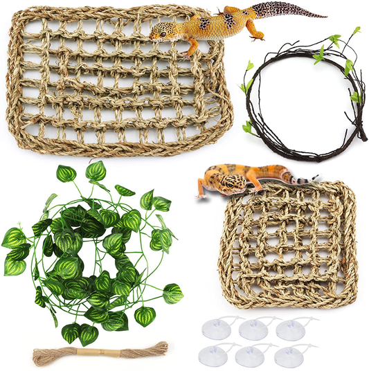 Pietypet Reptile Lizard Habitat Decor Accessories, Bearded Dragon Hammock, Reptile Hammock with Artificial Climbing Vines and Plants for Chameleon, Lizards, Gecko, Snakes, Lguana Animals & Pet Supplies > Pet Supplies > Reptile & Amphibian Supplies > Reptile & Amphibian Habitat Accessories PietyPet 2 Reptile Hammock with plants  