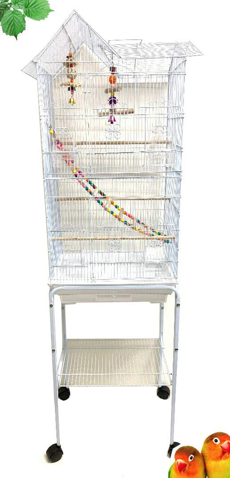 Mcage 63'' Rolling Standing Bird Cage for Cockatiel Sun Conure Parakeet Finch Budgie Lovebird Canary Pet Bird Cage with Stand Animals & Pet Supplies > Pet Supplies > Bird Supplies > Bird Cages & Stands Mcage White With TOY  