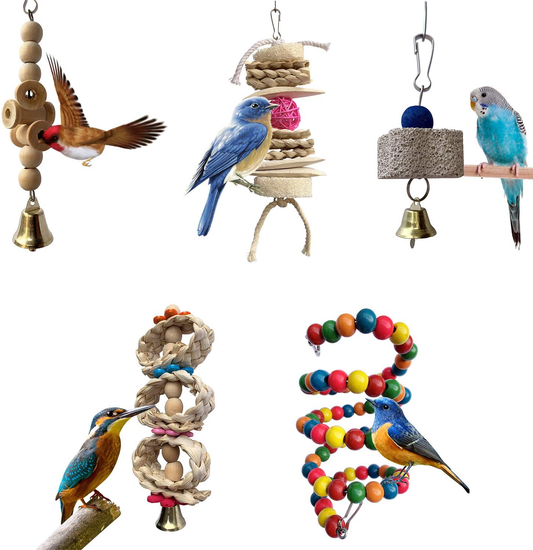 Bird Toys for Parrots - 5 Pack Bird Perch Hanging Chew Toys Cuttlebone Colorful Parrot Toys Bird Cage Accessories for Cockatiel Parakeet Macaw Parrotlet Conure Lovebird Small & Medium Birds Animals & Pet Supplies > Pet Supplies > Bird Supplies > Bird Ladders & Perches Tu   