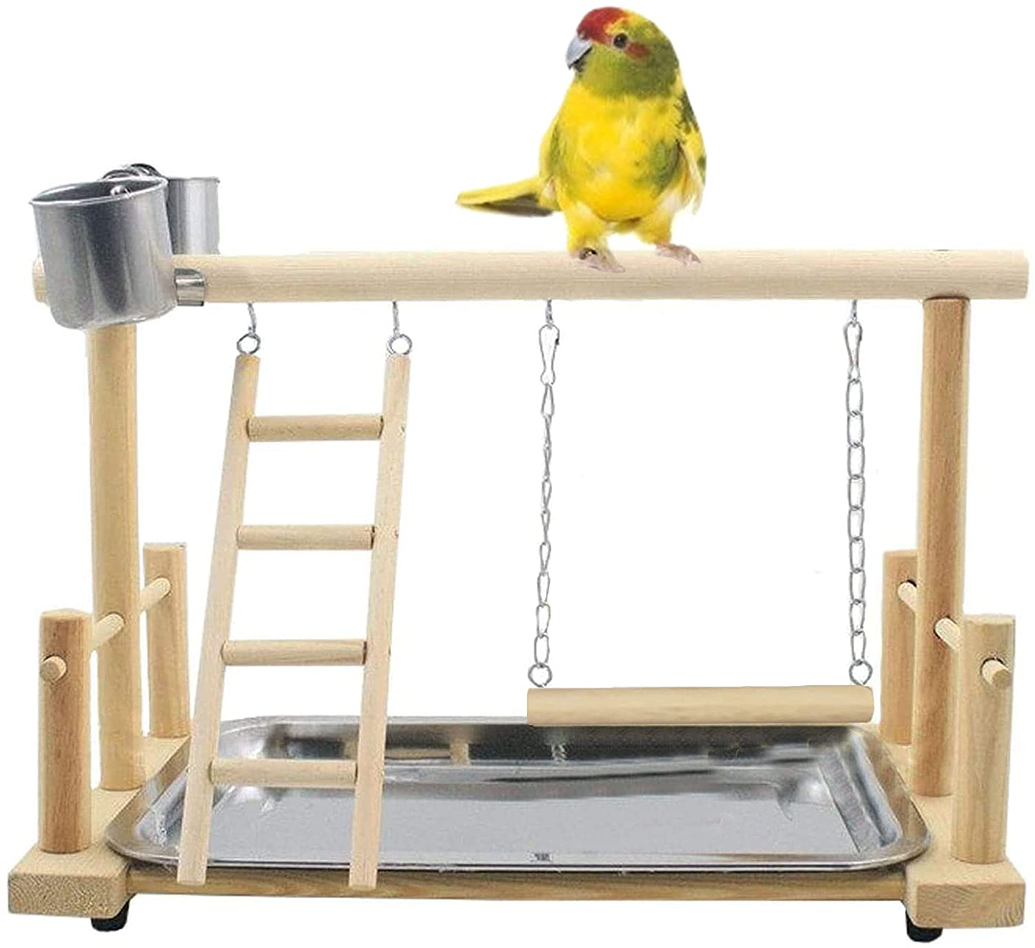 Kathson Parrots Playground Bird Perch Wood Playstand Stand with Ladder Swing Feeder Cups Chew Toy for Parakeet Conure Cockatiel Budgie Lovebird Finch Small Birds Animals & Pet Supplies > Pet Supplies > Bird Supplies > Bird Cages & Stands kathson log wood  