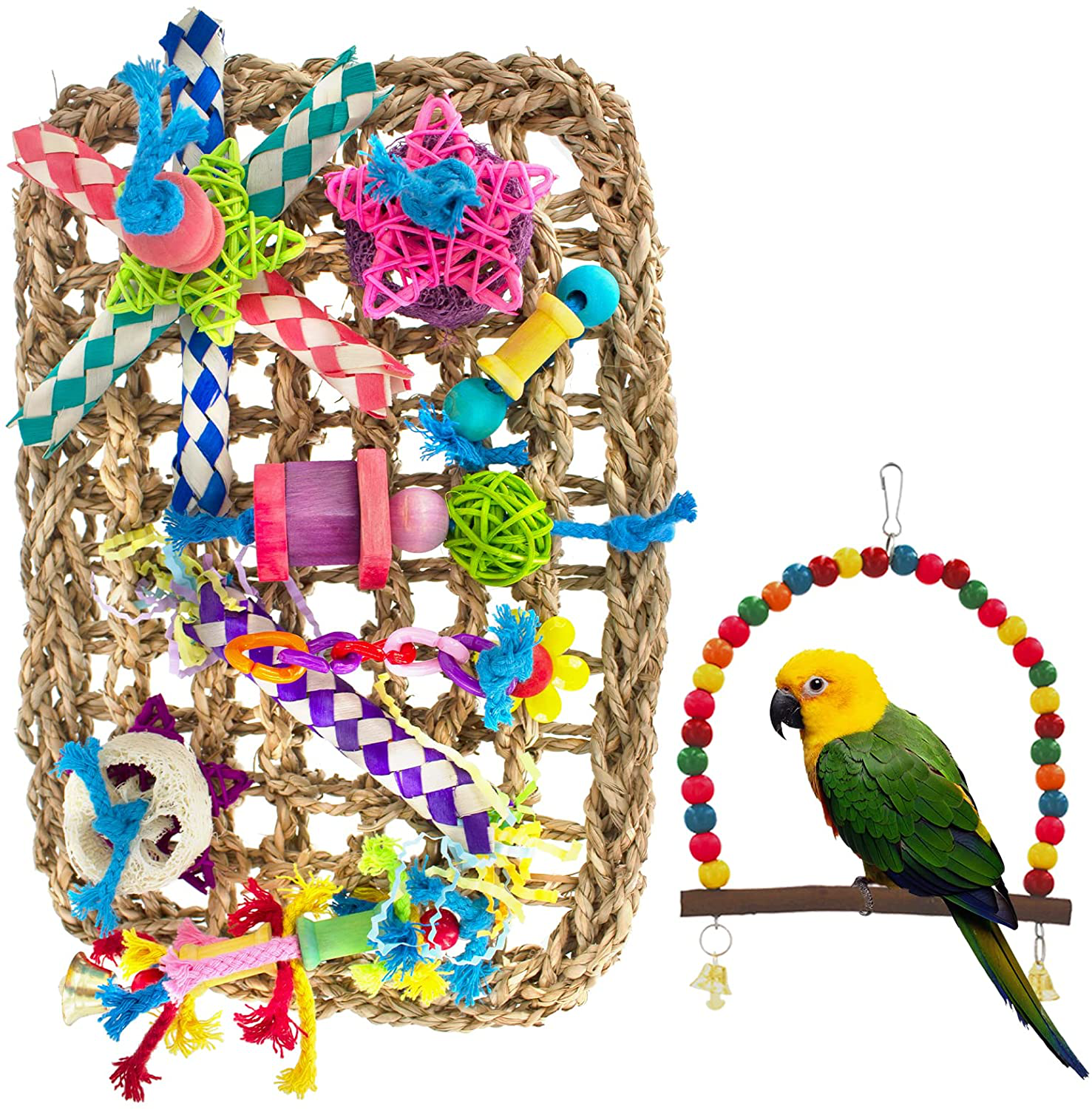 MHHOL Bird Parakeet Toys, Bird Foraging Wall Toy, Bird Perches Swing, Edible Seagrass Woven Climbing Hammock Mat with Chewing Toys, Bird Shredder Toys, for Parrots, Conures, Cockatiels, Budgies Animals & Pet Supplies > Pet Supplies > Bird Supplies > Bird Ladders & Perches MHHOL   