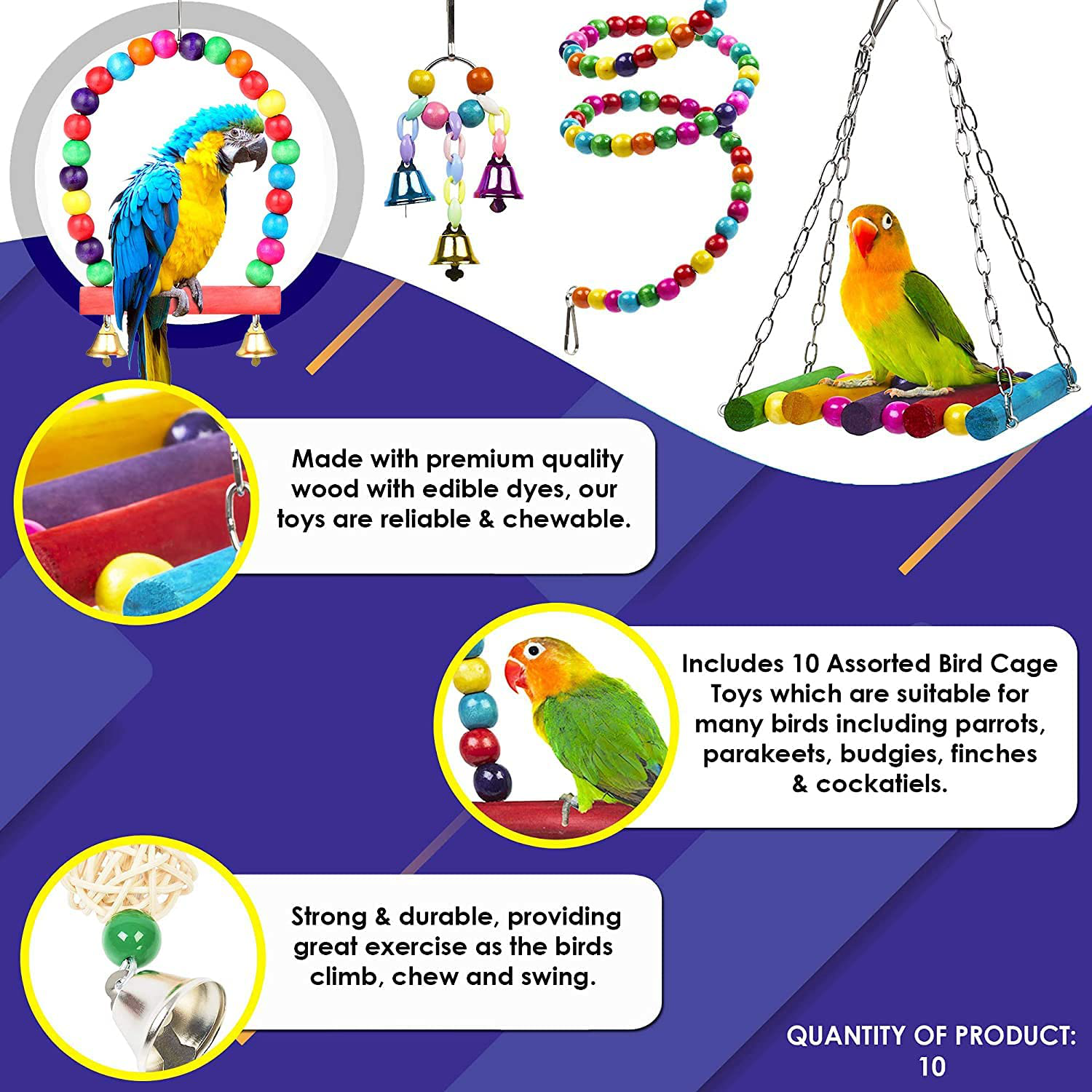 Bird Parrot Toy, 10Pcs Bird Swing Toys Bird Chewing Toys, Colourful Pet Bird Toys with Wooden Hanging Stand Ladder Cage Hanging Bell for Birds, Parrots Animals & Pet Supplies > Pet Supplies > Bird Supplies > Bird Toys AQH   